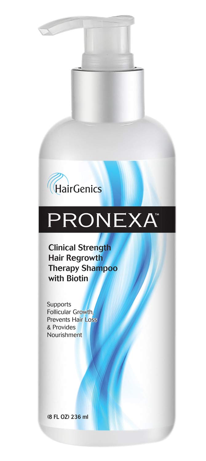 Pronexa Hairgenics clinical-strength shampoo bottle on shelf for daily thinning hair care