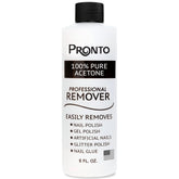 Pronto 100% Acetone gel nail remover bottle closeup for fast polish removal.