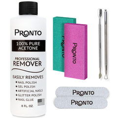 Pronto acetone remover bottle showing fast gel polish removal.