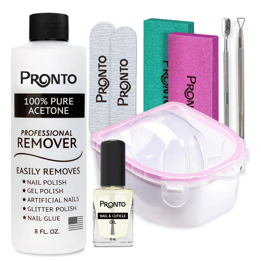 Pronto Gel Nail Polish Remover bottle with pure acetone for fast gel polish removal.