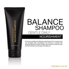 Prorituals Balance Shampoo ingredients panel with geranium and yarrow for scalp balance