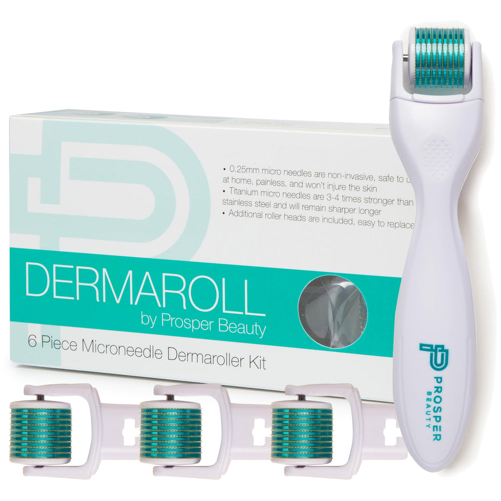Prosper Beauty Derma Roller kit front view showing integrated head with 600 titanium needles for at-home skincare