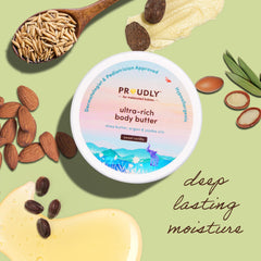 PROUDLY Ultra-Rich Body Butter texture closeup, silky finish and long-lasting hydration.