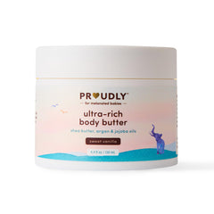 PROUDLY Ultra-Rich Body Butter vanilla jar front, delivering deep moisture for babies, kids, and adults.