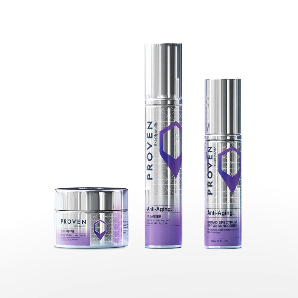 PROVEN SkinSpecific Anti-Aging Cleanser pump showcasing gentle exfoliation and skin prep benefits.