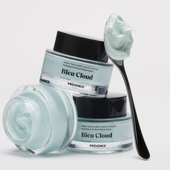 Provence Beauty Bleu Cloud Night Moisturizer tub closeup highlights rich, fast-absorbing hydration