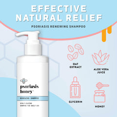 PSORIASIS HONEY Renewing Shampoo label closeup showing natural ingredients.