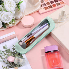 Transparent cosmetic pouch with zipper highlights easy visibility and organization on the go.