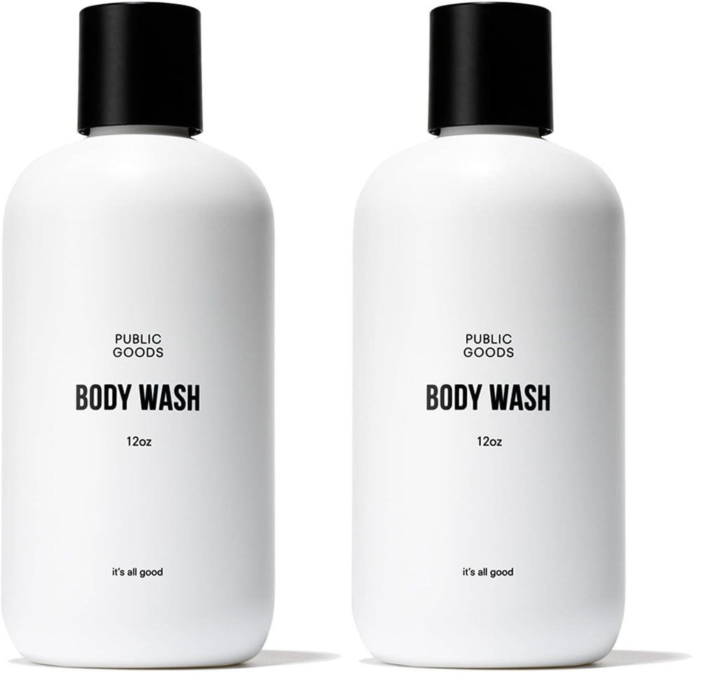 Public Goods Body Wash bottle closeup showing gentle cleansing with essential oils.