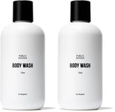 Public Goods Body Wash bottle closeup showing gentle cleansing with essential oils.