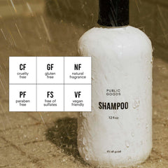 Public Goods shampoo label close-up emphasizing clean ingredients.