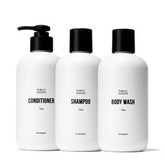 Public Goods shampoo bottle with natural essential oils for gentle cleansing.