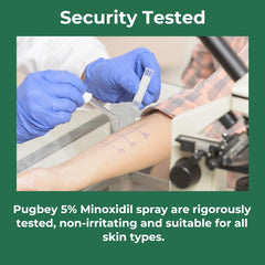 Pugbey minoxidil spray applied to scalp image emphasizes targeted use and absorption.