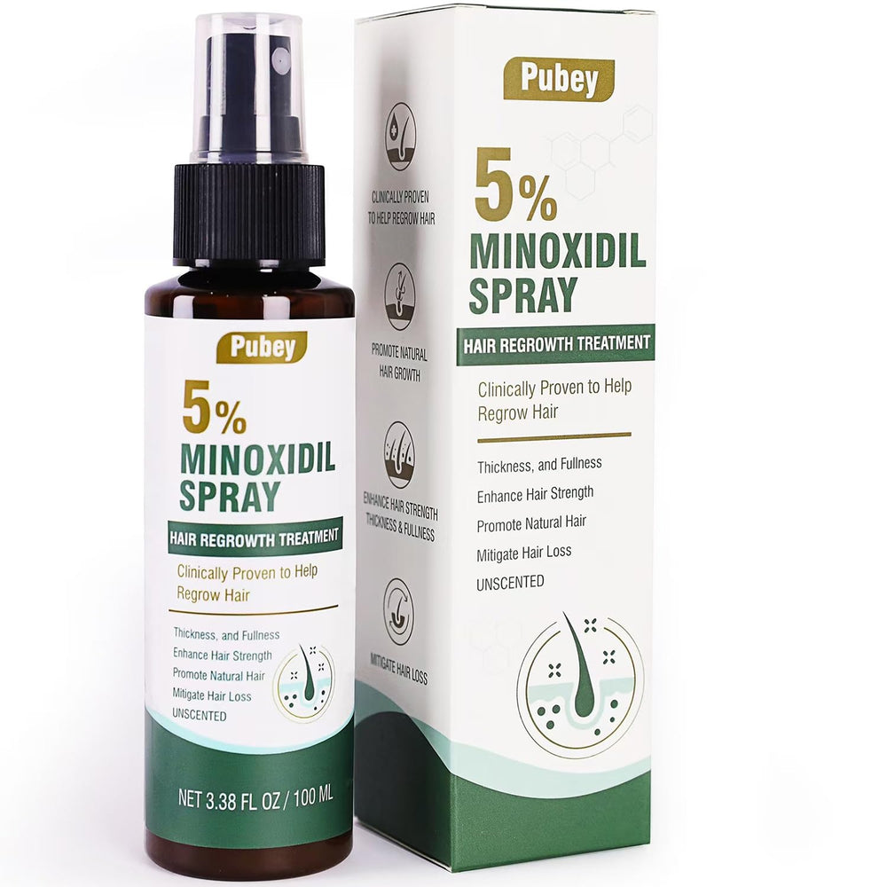 Pugbey minoxidil spray bottle closeup highlighting an odorless formula for discreet daily use.