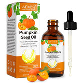 Pumpkin Seed Oil bottle close-up, pure and cold-pressed for hair and skin care.