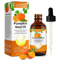 Pumpkin Seed Oil bottle close-up, pure and cold-pressed for hair and skin care.
