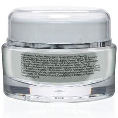 Pura Bella anti-aging cream jar rests on a clean surface, cream texture visible