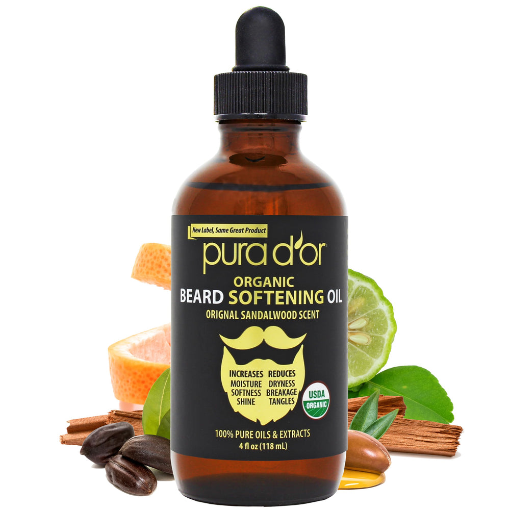 PURA D'OR beard oil sandalwood bottle enhances beard softness and shine