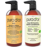 PURA D'OR MD anti-thinning shampoo bottle pour for a refreshing scalp cleanse.