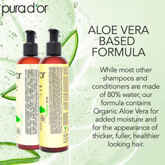 Close-up PURA D'OR bottle pouring product onto palm for non-sulfate care.
