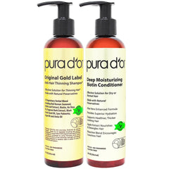 PURA D'OR Original Gold Label shampoo bottle with biotin-rich formula for thicker hair.