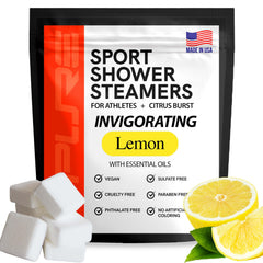 Pure Athlete lemon-menthol shower steamer bottle releasing energizing aroma.