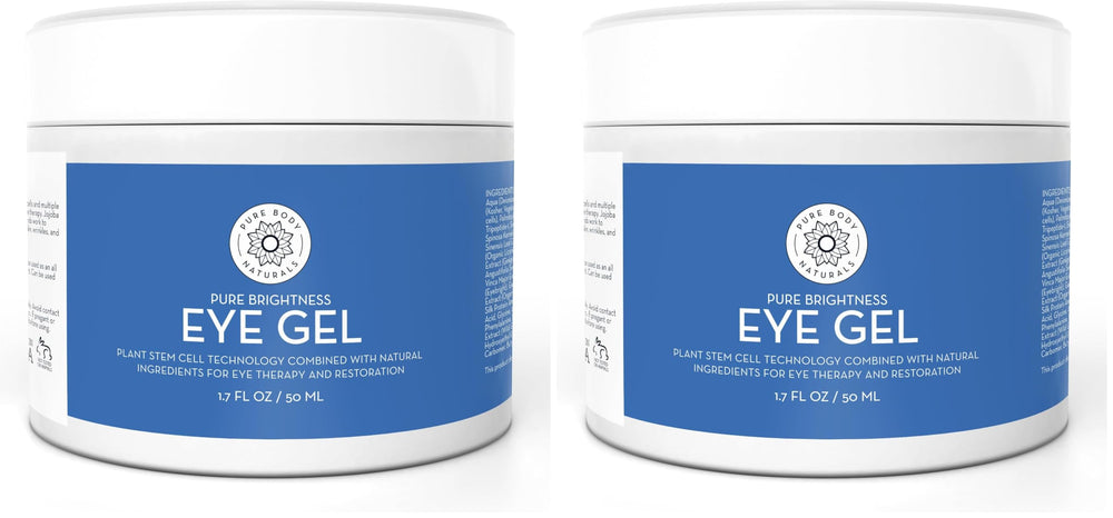 Pure Body Naturals eye gel jar close-up showing cooling formula for under-eye care.