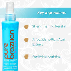 Applying Pure Brazilian Leave-In Conditioner to damp hair for smoother styling.