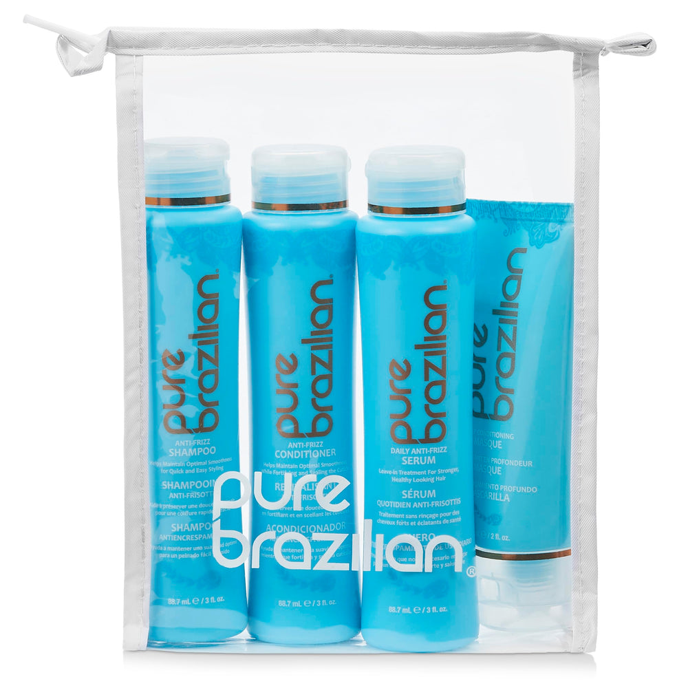 Pure Brazilian anti-frizz shampoo bottle pour; gentle cleanse with moisture balance