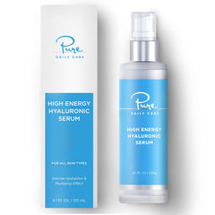 Pure Daily Care High Energy Hyaluronic Serum bottle showing premium hydration for tired skin