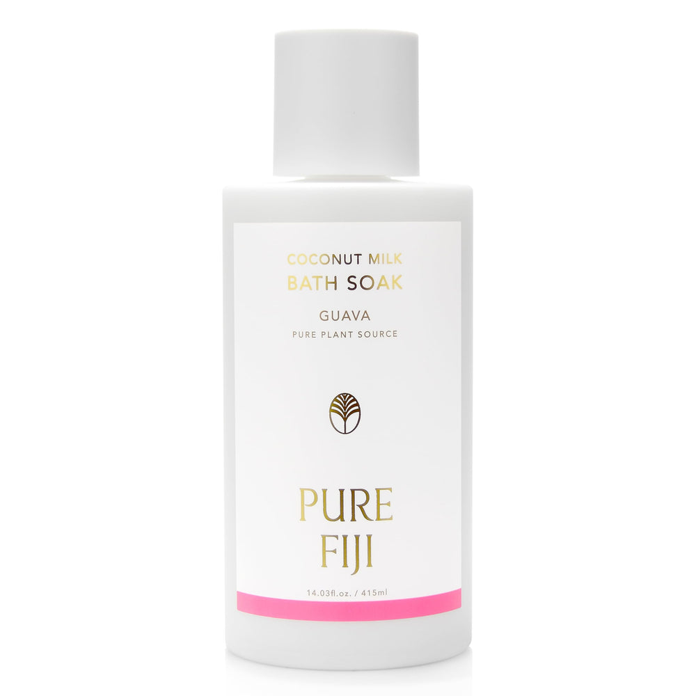 Pure Fiji Coconut Milk Bath Soak Guava bottle pour invites a moisturizing spa-like ritual.