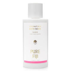 Pure Fiji Coconut Milk Bath Soak Guava bottle pour invites a moisturizing spa-like ritual.