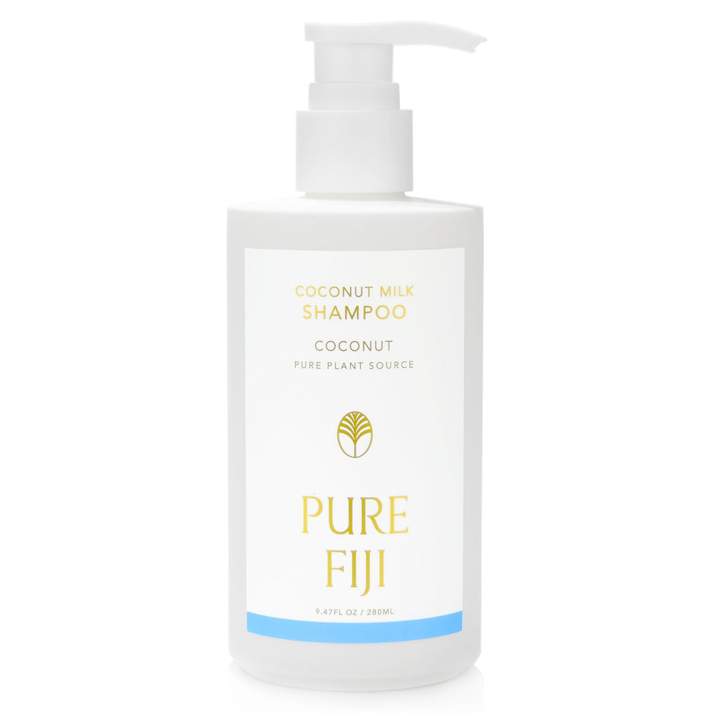Pure Fiji Coconut Milk Shampoo bottle on shelf, delivering gentle cleansing for daily hair care.