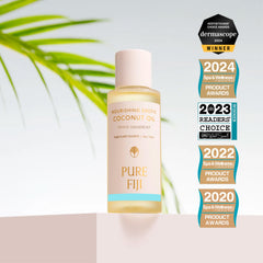 Pure Fiji natural ingredients with dilo and coconut oils, highlighting clean, nourishing formula.