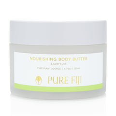 Pure Fiji Nourishing Body Butter starfruit bottle pour highlights rich hydration.