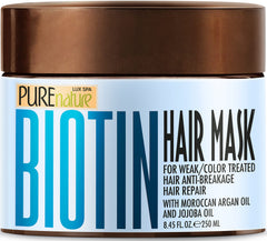Pure Nature Lux Spa Biotin Hair Mask packaging shows premium conditioning for damaged hair.