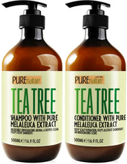 Pure Nature Lux Spa tea tree oil shampoo bottle shows sulfate-free cleansing for a refreshed scalp