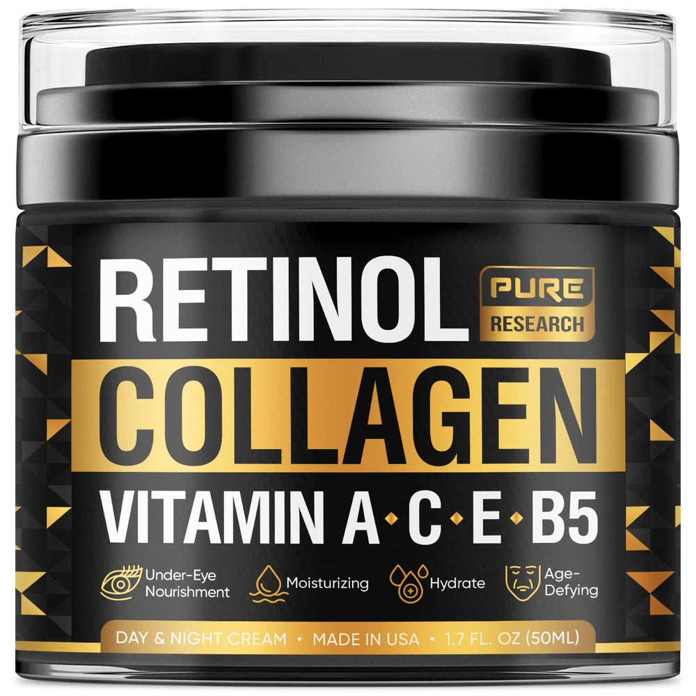 Pure Research Retinol Face Cream bottle close-up for hydration and anti-aging care.
