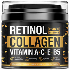 Pure Research Retinol Face Cream bottle close-up for hydration and anti-aging care.