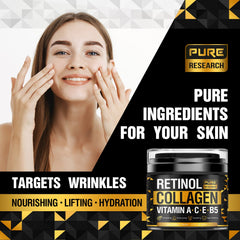 Pure Research Retinol Face Cream night application shows gentle, nighttime skincare routine.