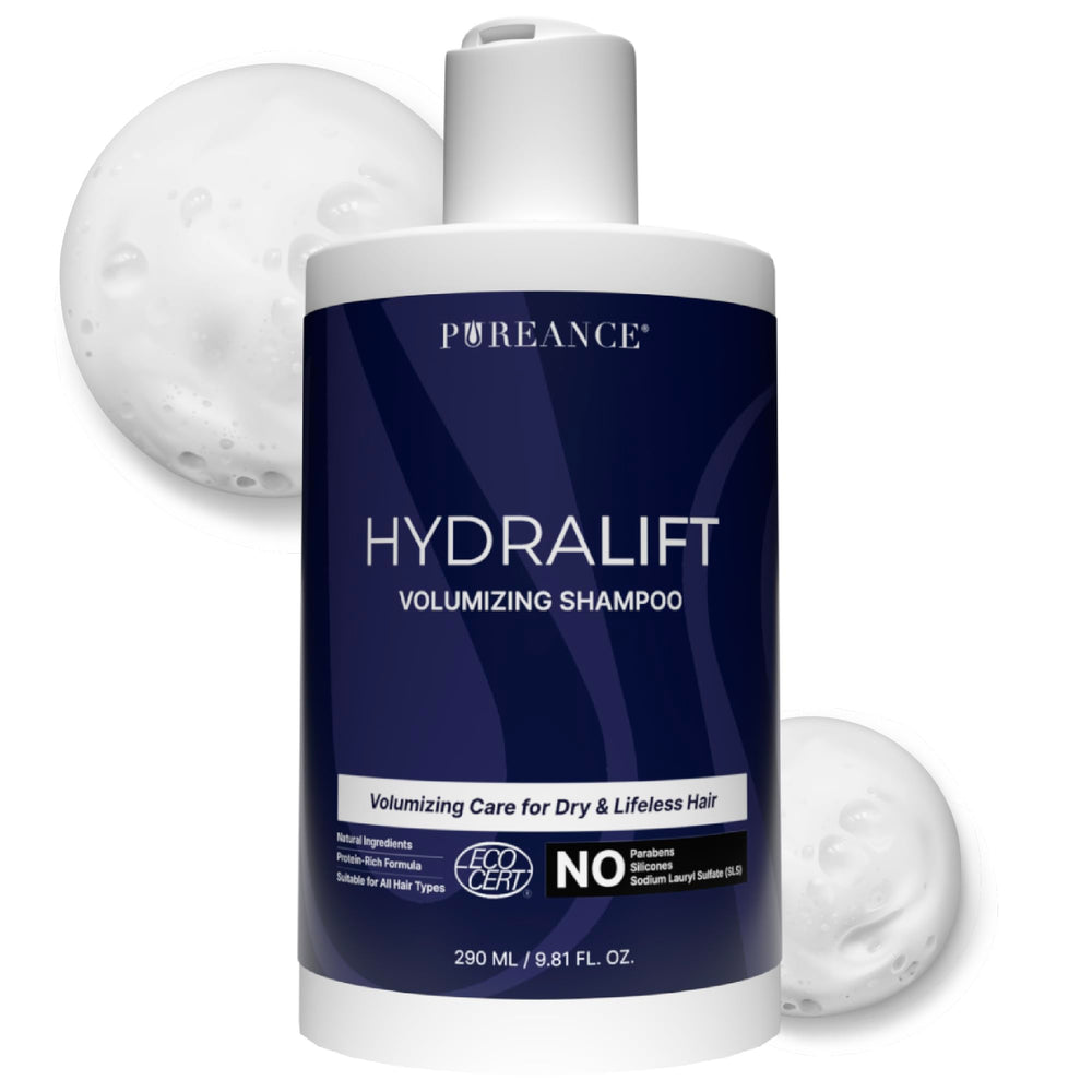 Pureance Hydralift volume bottle showing lift for fine hair
