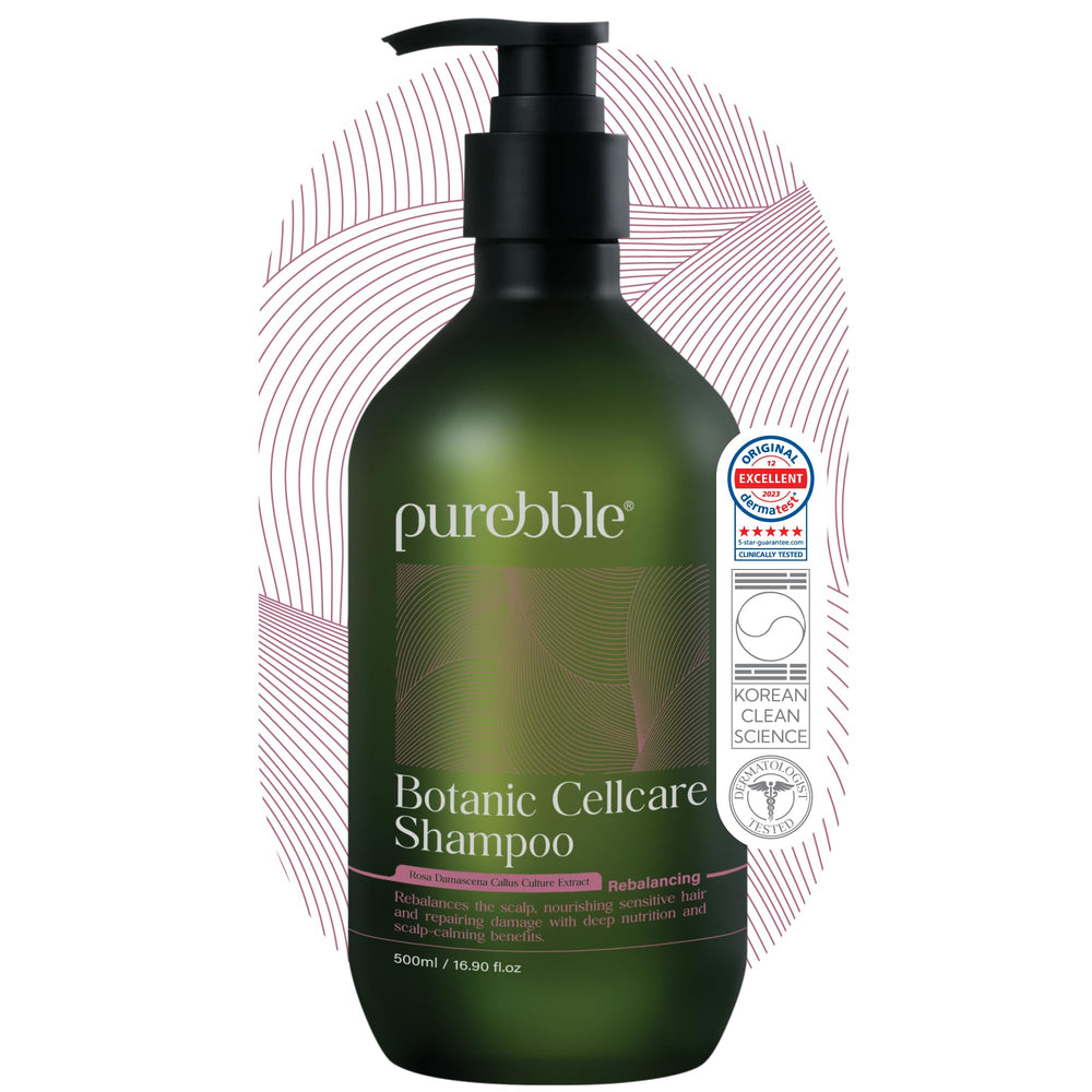 Purebble Rebalancing Botanic Shampoo bottle showing gentle cleansing for all hair types.
