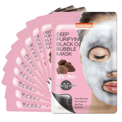 Purederm packaging for deep purifying black O2 bubble mask with volcanic formula detoxifies at home