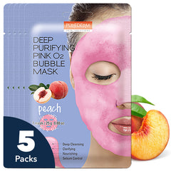 Purederm Deep Purifying Pink O2 Bubble Mask Peach pack front showing vibrant pink packaging for deep cleansing.