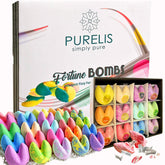 Purelis Naturals fortune cookie bath bomb with vibrant colors for a relaxing bath