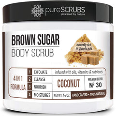 PureSCRUBS coconut brown sugar scrub jar for ultra-smooth skin.