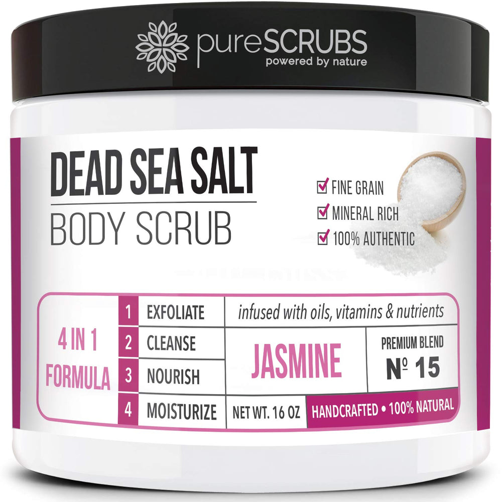 pureSCRUBS Jasmine scrub jar close-up shows smooth texture for radiant skin