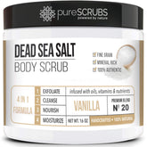 pureSCRUBS Vanilla Body Scrub jar showcases smooth, radiant skin with gentle exfoliation