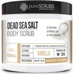 pureSCRUBS Vanilla Body Scrub jar showcases smooth, radiant skin with gentle exfoliation