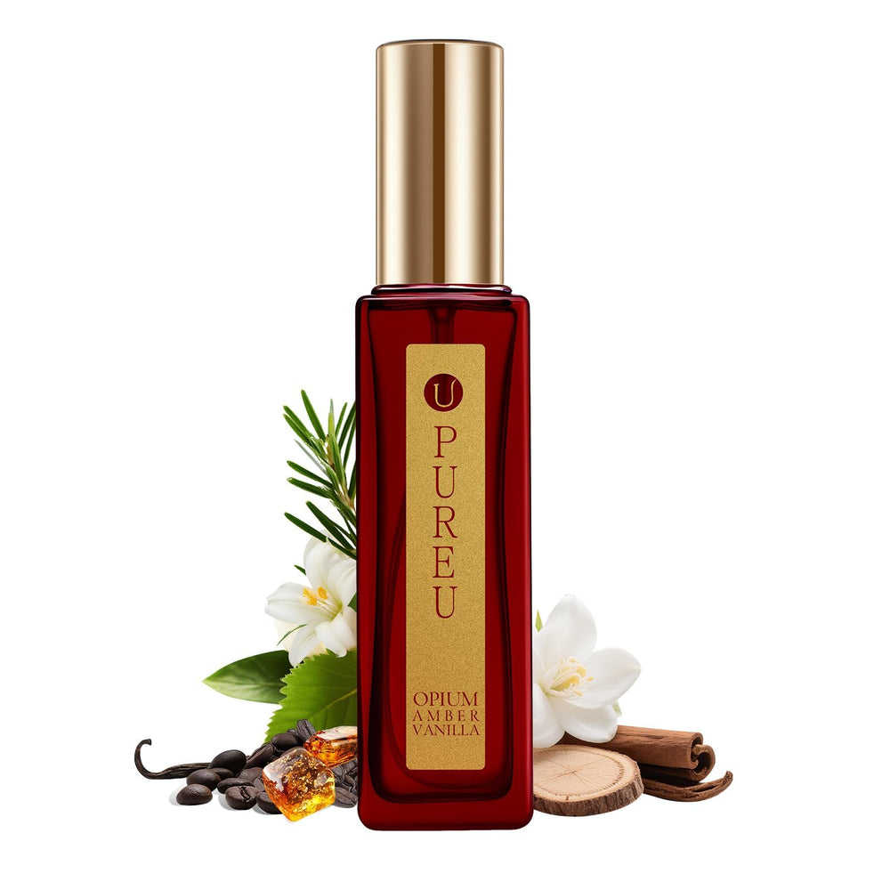 PUREU Opium Amber Vanilla bottle on vanity, premium finish for daily luxury.
